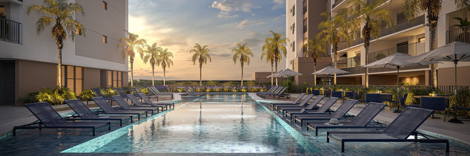 Piscina do Orbya Residences na Vila Carrão ao entardecer
