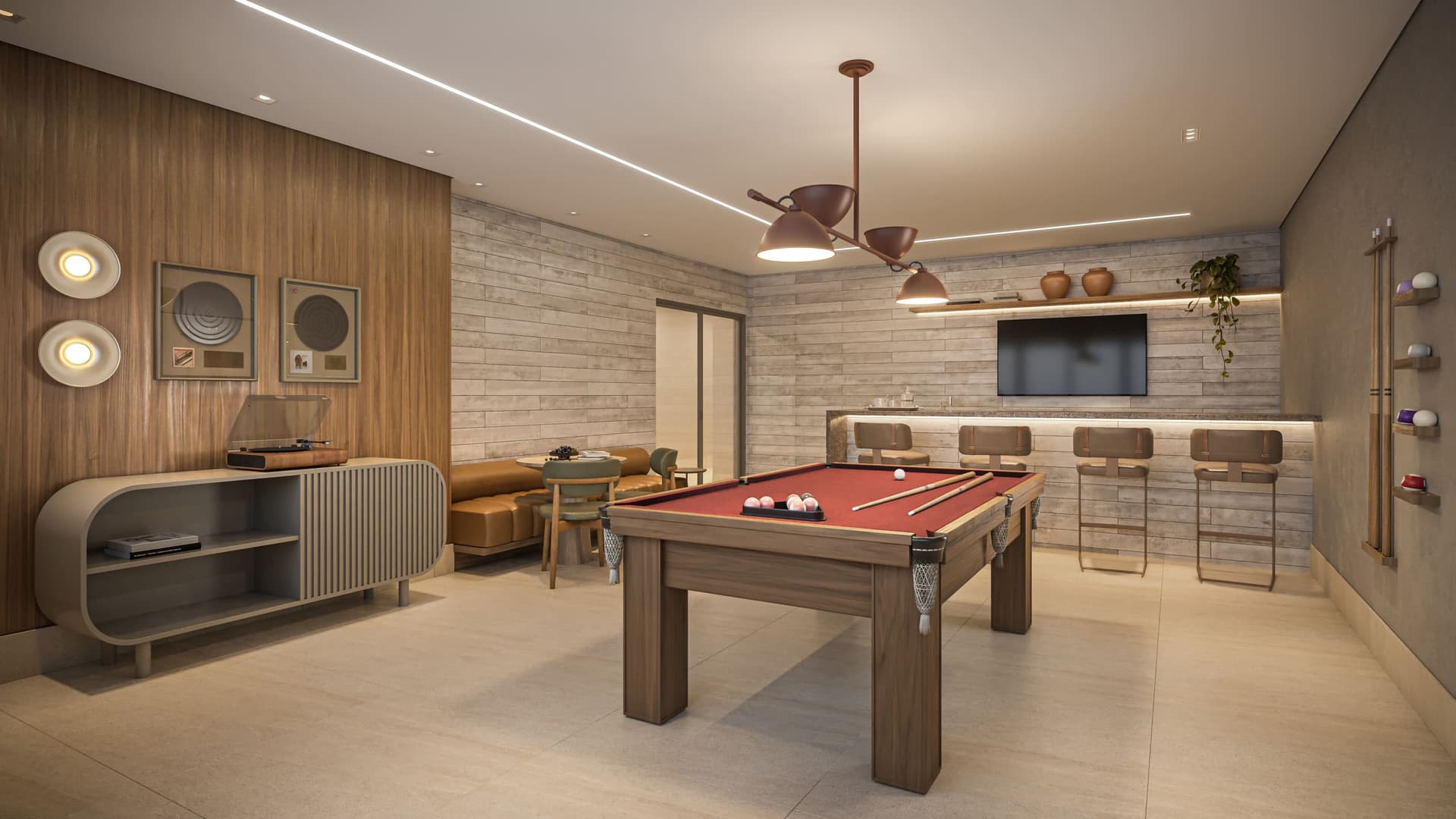 Sport bar com mesa de sinuca do Orbya Residences na Vila Carrão