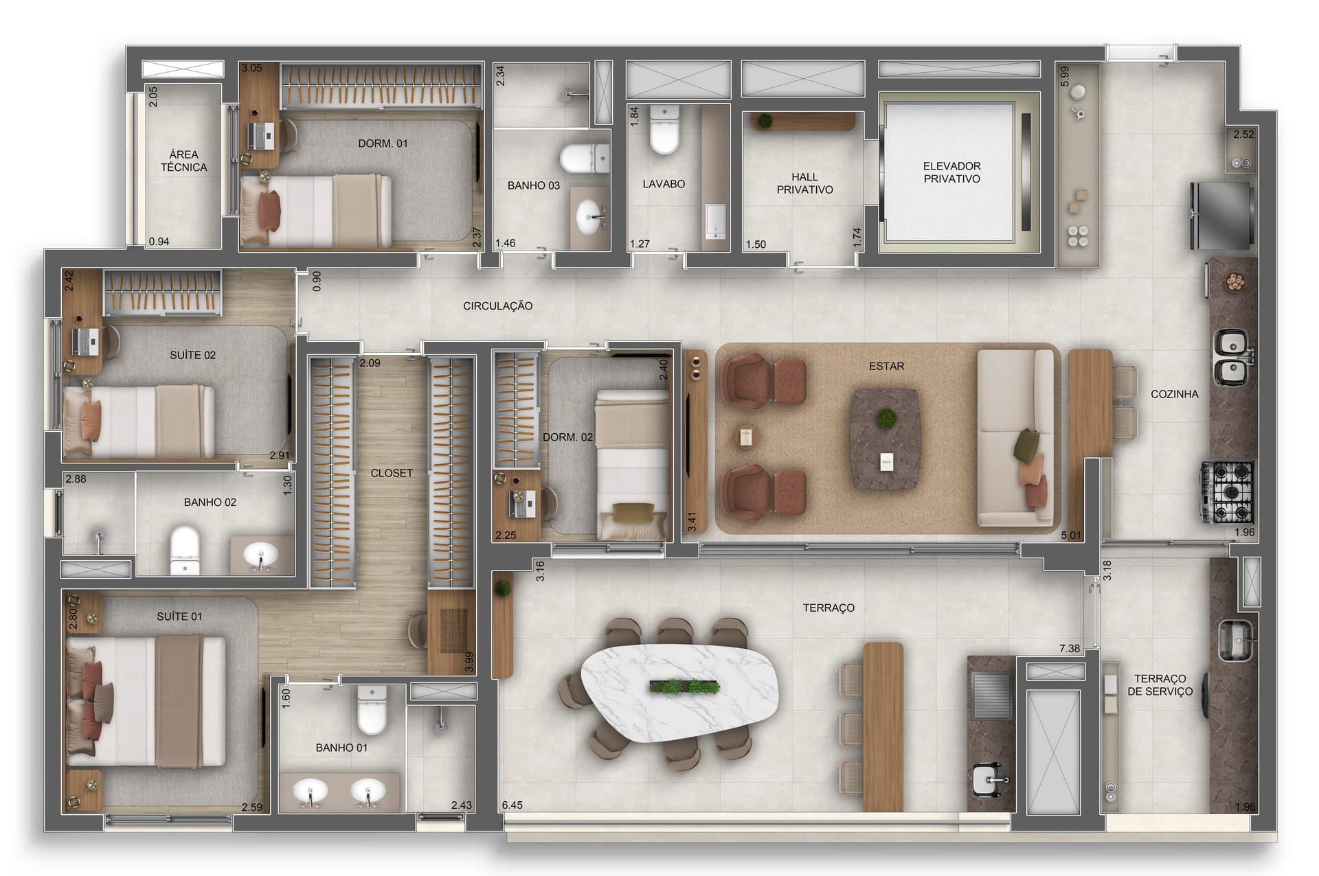 Planta do apartamento de 137 m² do Orbya Residences — 4 dormitórios (2 suítes) · opção 3 suítes com living ampliado