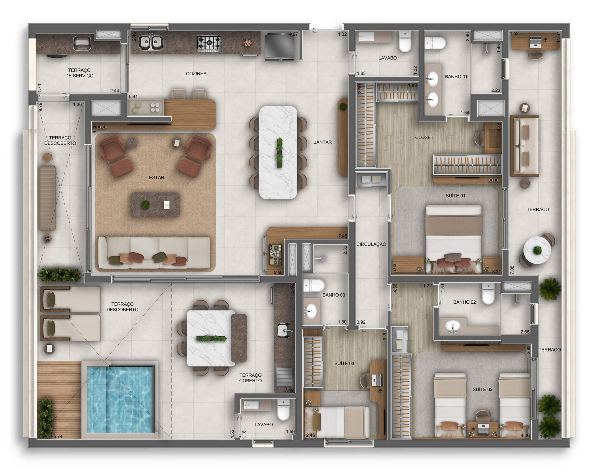 Planta do apartamento de 190 m² do Orbya Residences — 3 suítes