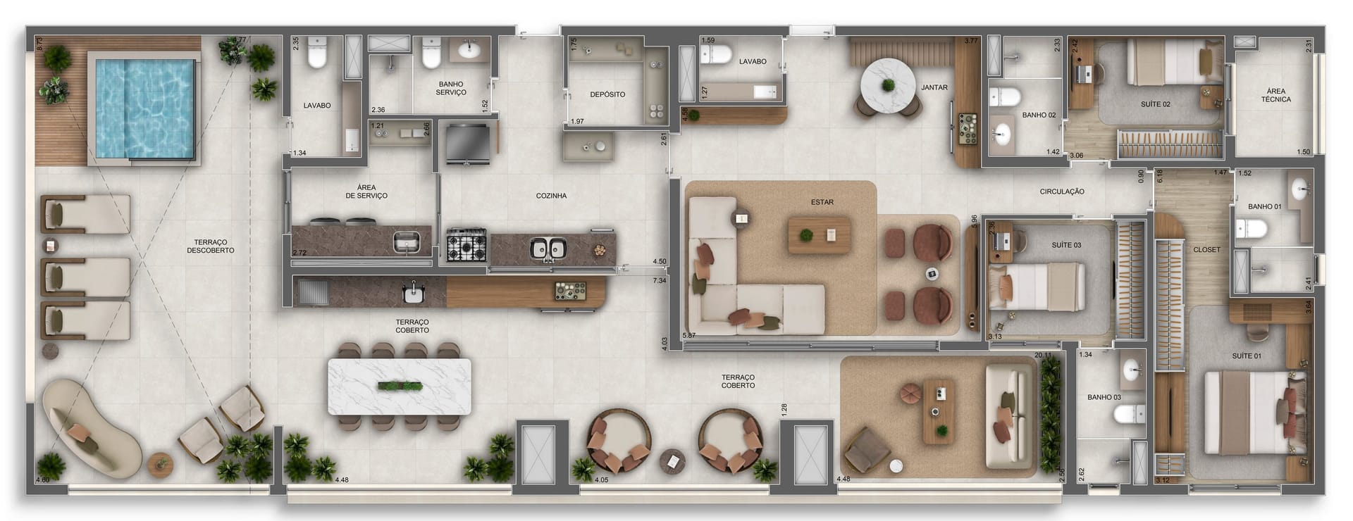 Planta do apartamento de 229 m² do Orbya Residences — 3 suítes