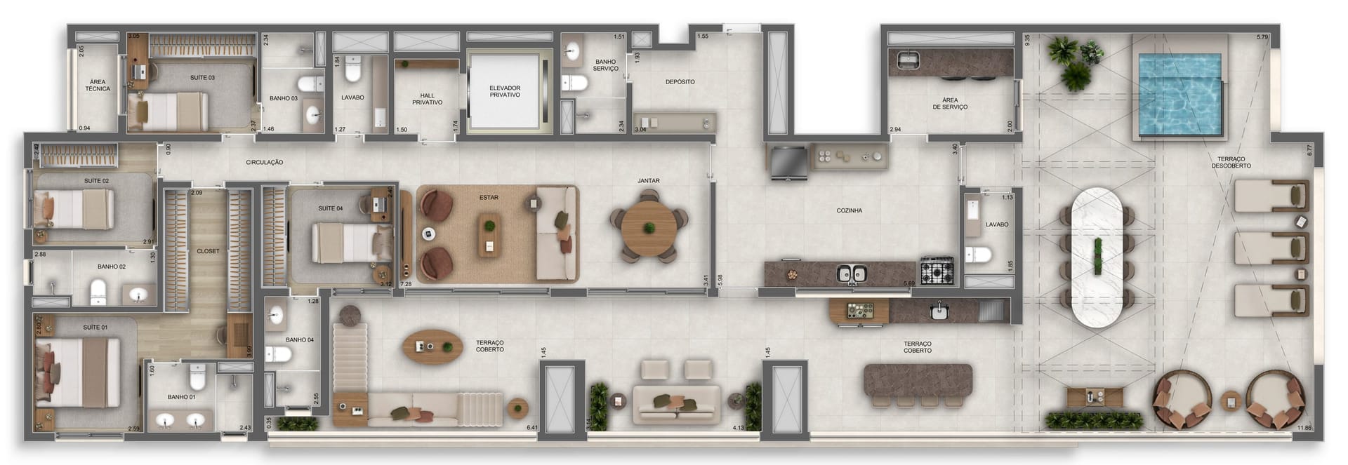 Planta do apartamento de 277 m² do Orbya Residences — 4 suítes
