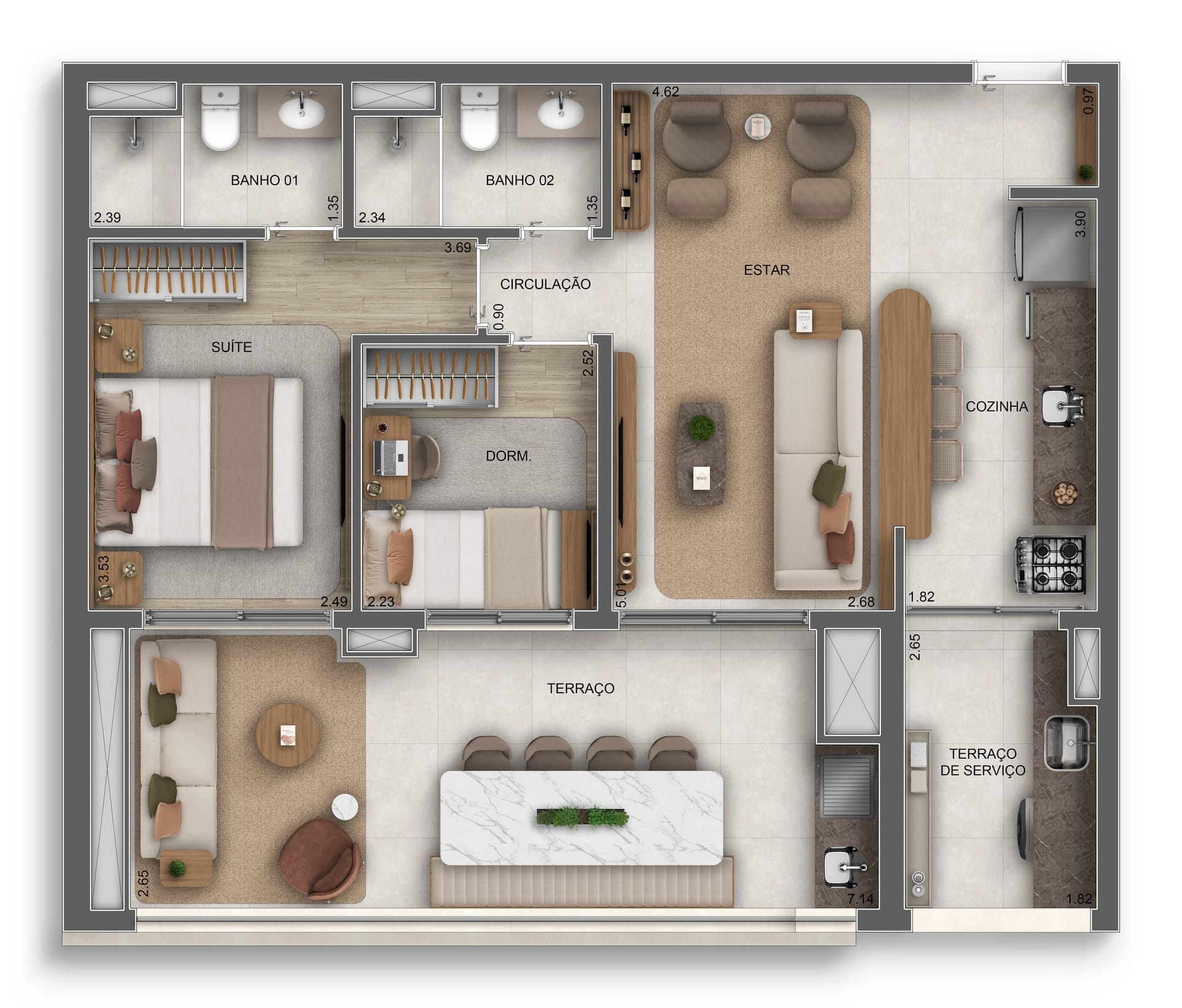 Planta do apartamento de 79 m² do Orbya Residences — 2 dormitórios (1 suíte)