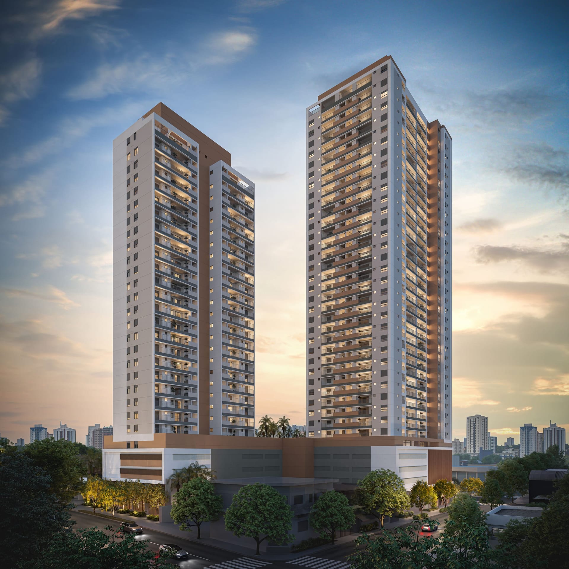 Fachada das torres do Orbya Residences na Vila Carrão ao entardecer