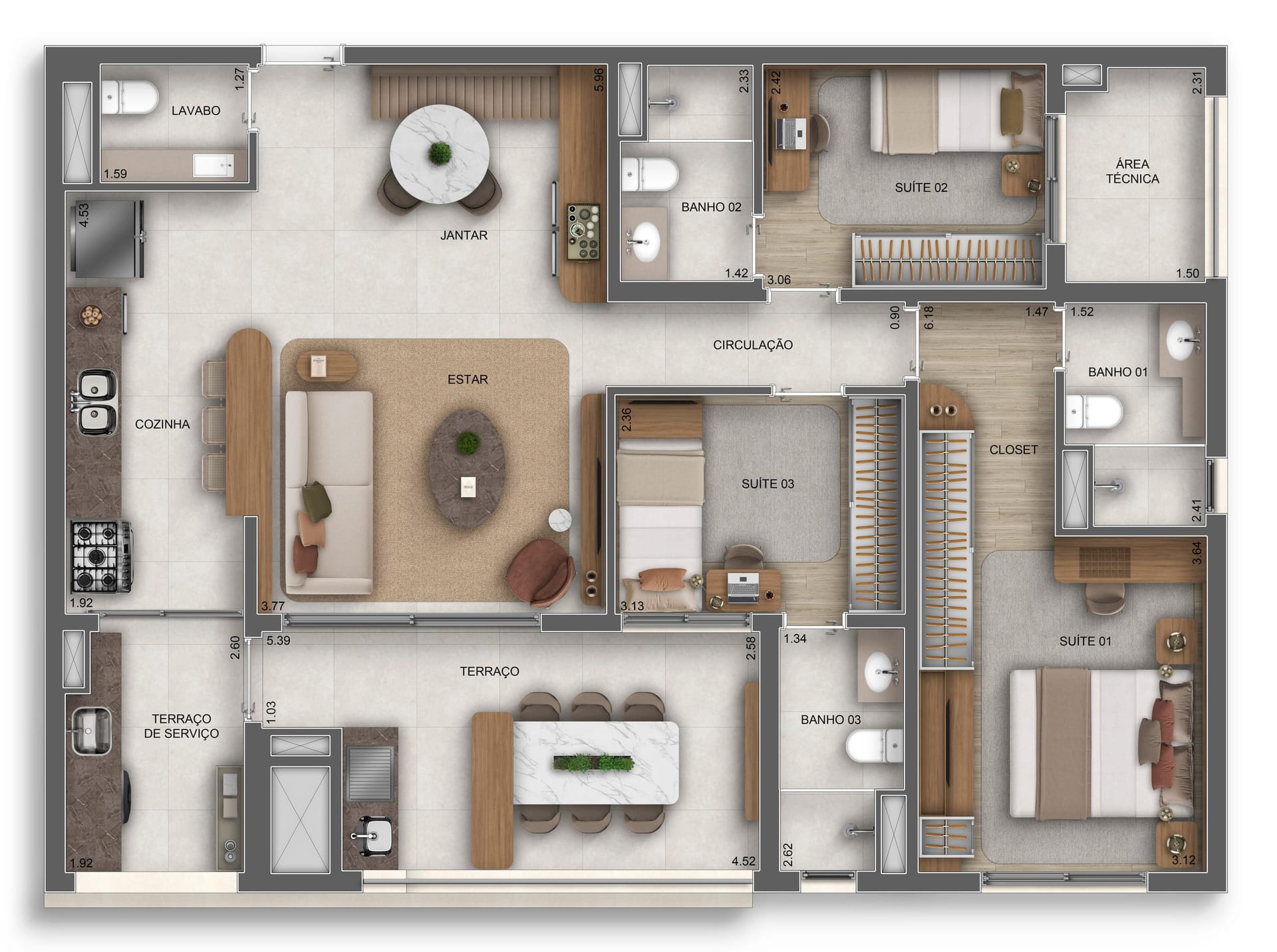 Planta do apartamento de 113 m² do Orbya Residences — 3 suítes