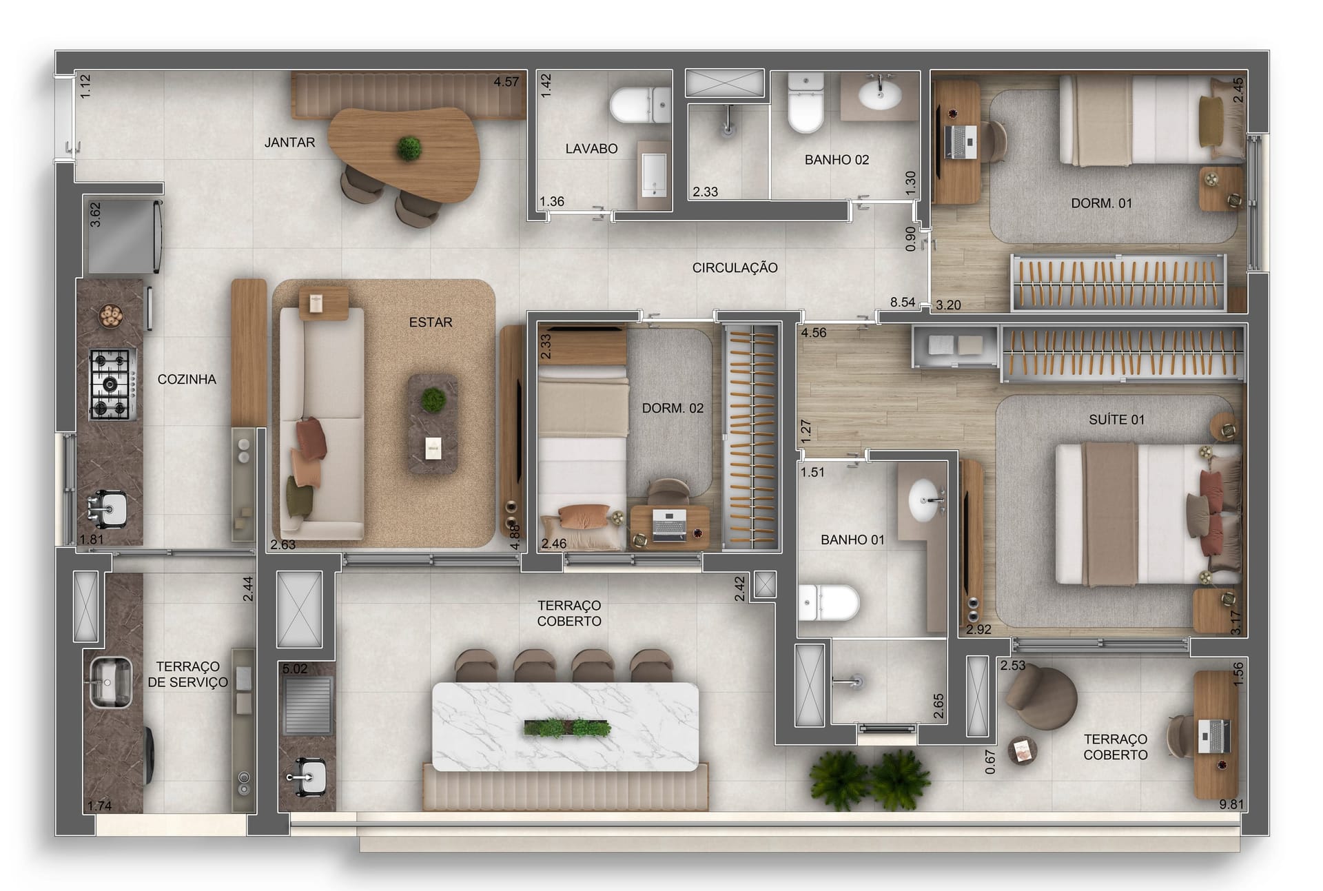 Planta do apartamento de 95 m² do Orbya Residences — 3 dormitórios (1 suíte)